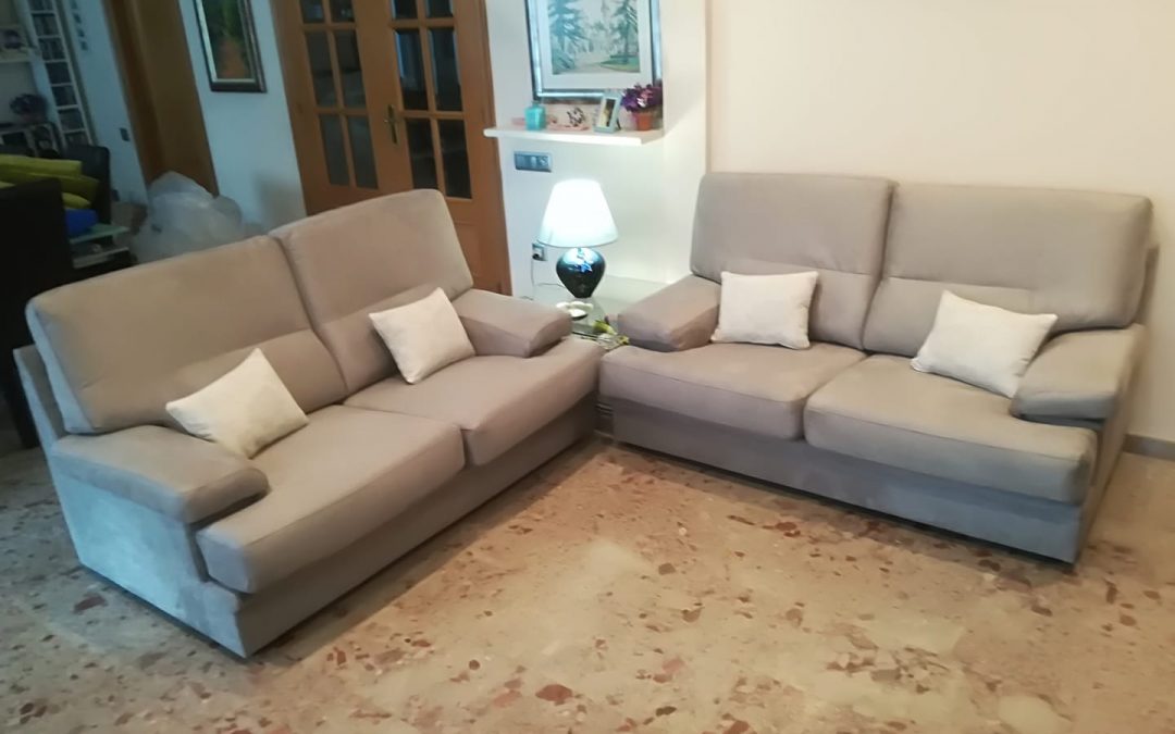 Tresillo retapissat beige tela antitaques